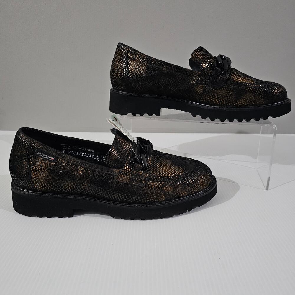 Mephisto Salka Lug Sole Loafer 6.5 Gold Snake Print Leather Chunky Slip On NEW - Picture 3 of 13